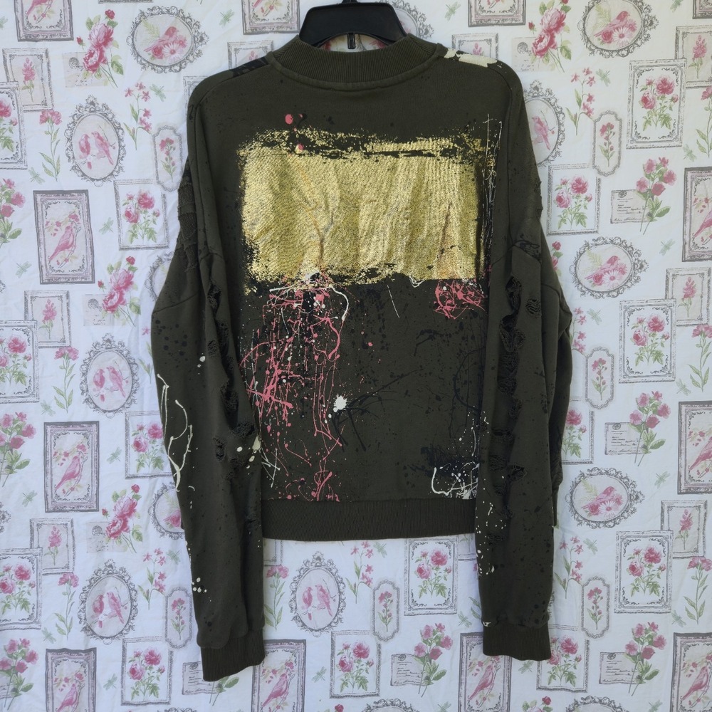 Zara Womans M Distressed Graffiti Paint Splatter Sweatshirt Green High Mock Neck - Picture 4 of 6